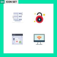 Pack of 4 Modern Flat Icons Signs and Symbols for Web Print Media such as server interface database unlock webpage Editable Vector Design Elements