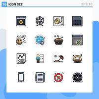 Modern Set of 16 Flat Color Filled Lines Pictograph of meteorite meteorite music sim card Editable Creative Vector Design Elements