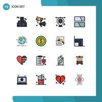 Set of 16 Commercial Flat Color Filled Lines pack for connection world designing globe image Editable Creative Vector Design Elements