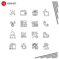 Group of 16 Outlines Signs and Symbols for computer forefinger wallet finger find Editable Vector Design Elements