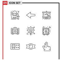 Pictogram Set of 9 Simple Outlines of gear pen company graphic healthbag Editable Vector Design Elements