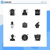 9 Thematic Vector Solid Glyphs and Editable Symbols of wedding record business microphone work Editable Vector Design Elements