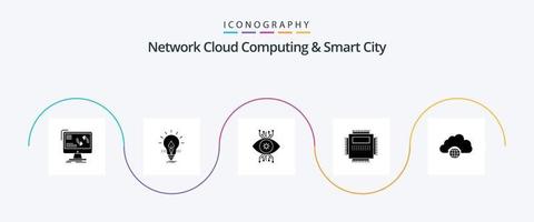 Network Cloud Computing And Smart City Glyph 5 Icon Pack Including hardware. eye. electricity. vision. monitoring vector