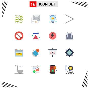 Mobile Interface Flat Color Set of 16 Pictograms of arrow cancel bulb ban next Editable Pack of Creative Vector Design Elements