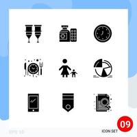 Set of 9 Vector Solid Glyphs on Grid for child reservation hospital food time Editable Vector Design Elements