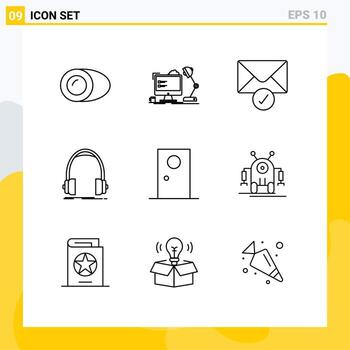 Pictogram Set of 9 Simple Outlines of door monitor computer headphones audio Editable Vector Design Elements
