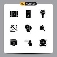 Solid Glyph Pack of 9 Universal Symbols of feelings human board hat hammer Editable Vector Design Elements