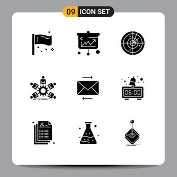 9 conjunto de glifos sólidos universales para aplicaciones web y móviles grupo empresarial equipo empresarial que señala elementos de diseño vectorial editables vector