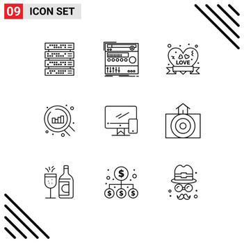 Pictogram Set of 9 Simple Outlines of monitor search studio chart ribbon badge Editable Vector Design Elements