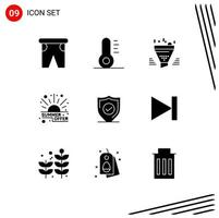 Pack of 9 Modern Solid Glyphs Signs and Symbols for Web Print Media such as protection sale funnel price discount Editable Vector Design Elements