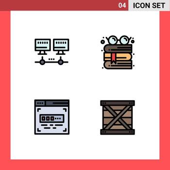 User Interface Pack of 4 Basic Filledline Flat Colors of computer front end development book reading coding Editable Vector Design Elements