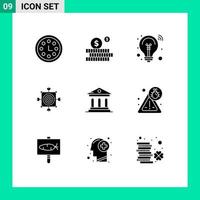 User Interface Pack of 9 Basic Solid Glyphs of bank target idea arrow board Editable Vector Design Elements