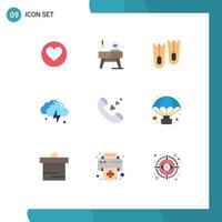 Set of 9 Commercial Flat Colors pack for incoming call diving weather lightning Editable Vector Design Elements