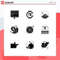 Mobile Interface Solid Glyph Set of 9 Pictograms of no investment crypto currency global vadas Editable Vector Design Elements