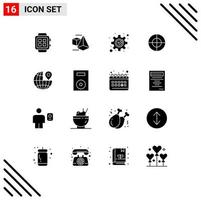 Solid Glyph Pack of 16 Universal Symbols of pin globe development mark goal Editable Vector Design Elements