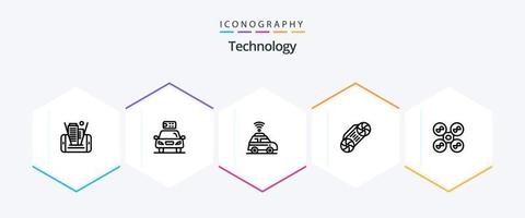 paquete de íconos de 25 líneas de tecnología que incluye helicóptero cuádruple. zumbido. poder. tecnología. radio vector