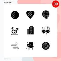 Pack of 9 Modern Solid Glyphs Signs and Symbols for Web Print Media such as sign men heart lifebuoy help Editable Vector Design Elements