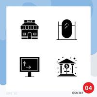 Pack of 4 Modern Solid Glyphs Signs and Symbols for Web Print Media such as discount tv beach interior bank Editable Vector Design Elements