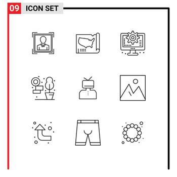 Pack of 9 Modern Outlines Signs and Symbols for Web Print Media such as esteem affirmation computer plant home Editable Vector Design Elements