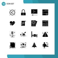 Modern Set of 16 Solid Glyphs and symbols such as plus love cinema heart search Editable Vector Design Elements