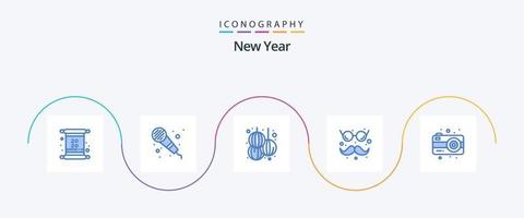 paquete de iconos azul 5 de año nuevo que incluye fotografía. cámara. linterna. gafas y bigotes. divertido vector