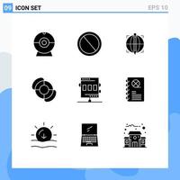 Pack of 9 Modern Solid Glyphs Signs and Symbols for Web Print Media such as chronometer activities focus summer beach Editable Vector Design Elements