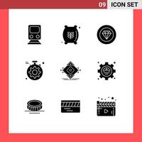 Pack of 9 Modern Solid Glyphs Signs and Symbols for Web Print Media such as lane setting food gear performance Editable Vector Design Elements