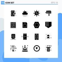 Set of 16 Commercial Solid Glyphs pack for shopping box weather seo media Editable Vector Design Elements