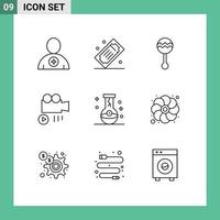 9 User Interface Outline Pack of modern Signs and Symbols of video camera theater tickets sound maracas Editable Vector Design Elements