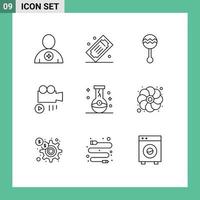 9 User Interface Outline Pack of modern Signs and Symbols of video camera theater tickets sound maracas Editable Vector Design Elements