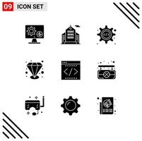 9 User Interface Solid Glyph Pack of modern Signs and Symbols of coding value able corporation quality gear Editable Vector Design Elements