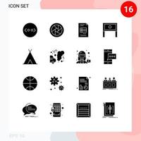 Group of 16 Modern Solid Glyphs Set for tent holidays business reporting table household Editable Vector Design Elements