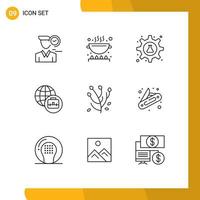 Set of 9 Vector Outlines on Grid for flower anemone pan international business science Editable Vector Design Elements