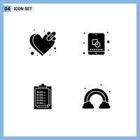 Group of 4 Modern Solid Glyphs Set for bandage report card heart mobile presentation Editable Vector Design Elements