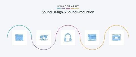 diseño de sonido y producción de sonido paquete de iconos azules 5 que incluye teclas. controlador. equipo. estudio. auriculares vector