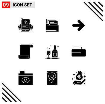 9 Solid Glyph concept for Websites Mobile and Apps glass drink arrow script document Editable Vector Design Elements