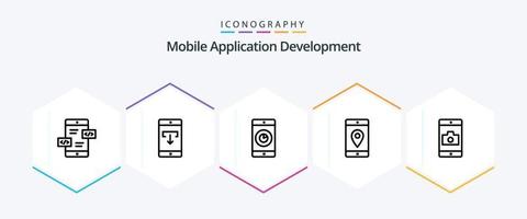 Mobile Application Development 25 Line icon pack including map. mobile application. mobile application. mobile. time vector