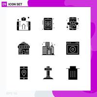 9 Universal Solid Glyph Signs Symbols of building city hash tag shop building Editable Vector Design Elements