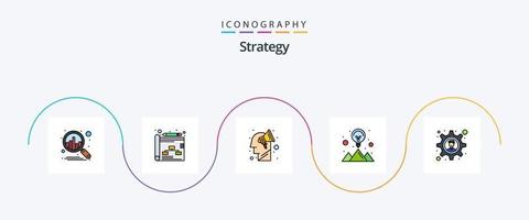 la línea de estrategia llenó el paquete de iconos planos 5 que incluye la solución comercial. lluvia de ideas. estrategia. solución de estrategia. idea vector