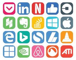 Paquete de 20 íconos de redes sociales que incluye el desbordamiento de apple evernote de borde simple vector