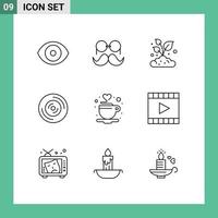 Group of 9 Modern Outlines Set for coffee vinyl men music small Editable Vector Design Elements