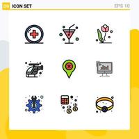 9 Thematic Vector Filledline Flat Colors and Editable Symbols of pin help floral helicopter emergency Editable Vector Design Elements