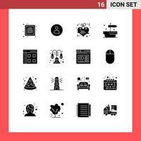 Modern Set of 16 Solid Glyphs and symbols such as interface app hanging giving ship Editable Vector Design Elements