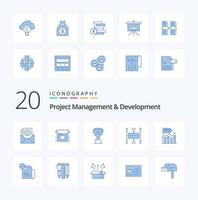 Paquete de 20 iconos de color azul de gestión y desarrollo de proyectos como recompensa de planificación de flujo de trabajo de lanzamiento comercial de planificación vector