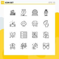 Group of 16 Modern Outlines Set for mechanical digital building brain sousveillance Editable Vector Design Elements