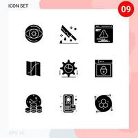 Modern Set of 9 Solid Glyphs Pictograph of gear pin murder navigation map Editable Vector Design Elements