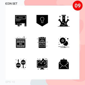 9 Universal Solid Glyph Signs Symbols of online player shield browser science Editable Vector Design Elements