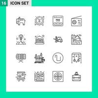 Pack of 16 Modern Outlines Signs and Symbols for Web Print Media such as strategy solution idea contact creative radio Editable Vector Design Elements