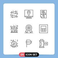 Mobile Interface Outline Set of 9 Pictograms of medal house business home strategy Editable Vector Design Elements