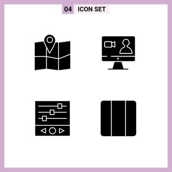 Mobile Interface Solid Glyph Set of 4 Pictograms of location sound frequency job computer distribute Editable Vector Design Elements